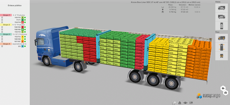 Simulación de carga optimizada en un camión refrigerado con frutas y verduras.