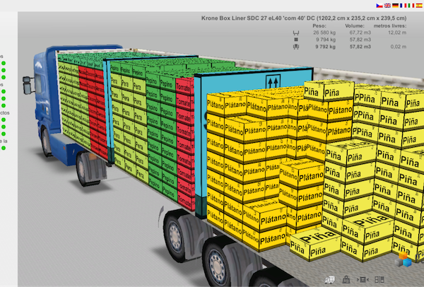 Simulación digital de un camión de carga con cajas de frutas organizadas, incluyendo piña, plátano y mango, usando software de optimización de distribución de mercancía.