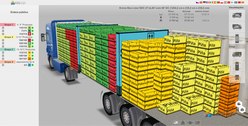 Simulación digital de un camión de carga con cajas de frutas organizadas, incluyendo piña, plátano y mango, usando software de optimización de distribución de mercancía.