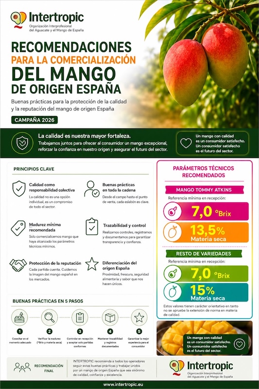 Infografía resumen con los principales parámetros recomendados por Intertropic para la campaña 2026 de mango.