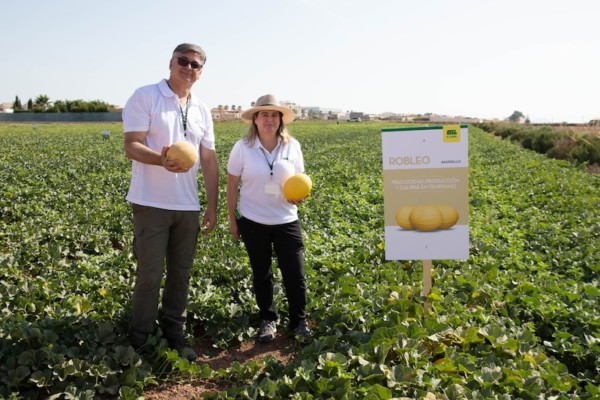 José Antonio Zafra y Raquel Gómez, de Semillas Fitó, durante el Water & Melon Show 2026 de la casa de semillas en Murcia